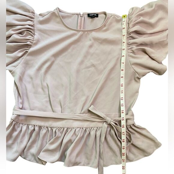 EXPRESS Pale Pink Flutter Sleeve Belted Peplum Blouse - Picture 6 of 10
